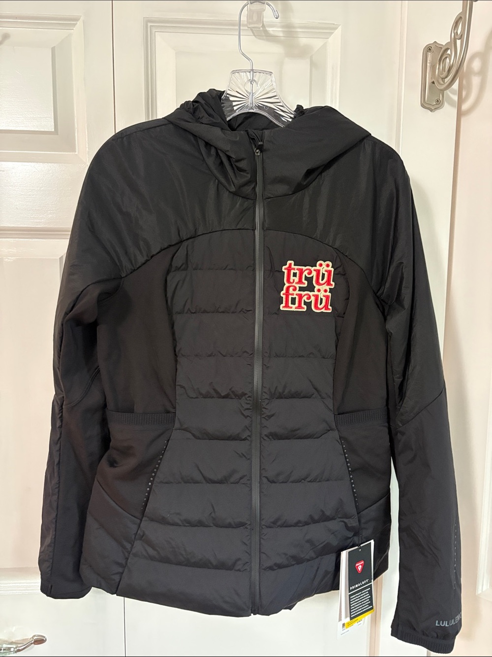 lululemon athletica Black Quilted Hooded Puffer Jacket with Red Logo